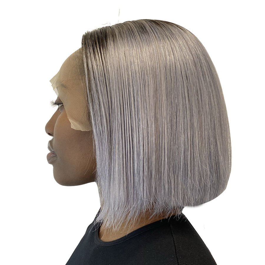 10" Straight Human Hair Frontal Lace Wig - # Silver- side