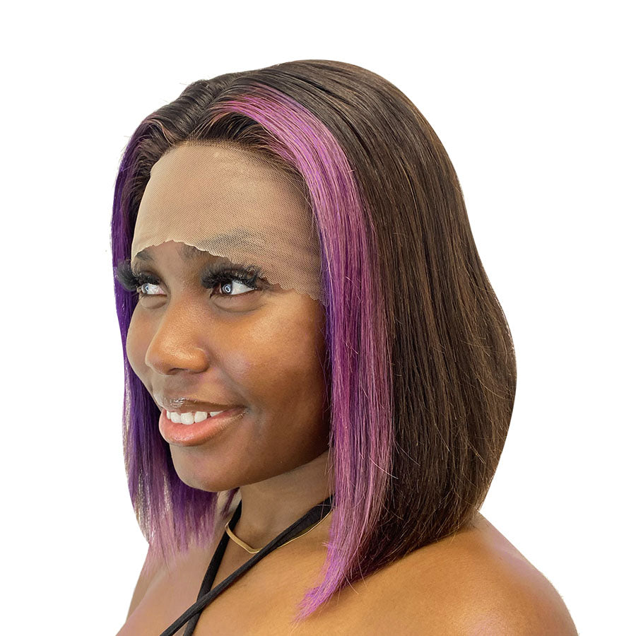 10" Straight Human Hair Frontal Lace Wig - # Purple/Black- 13A Grade - side