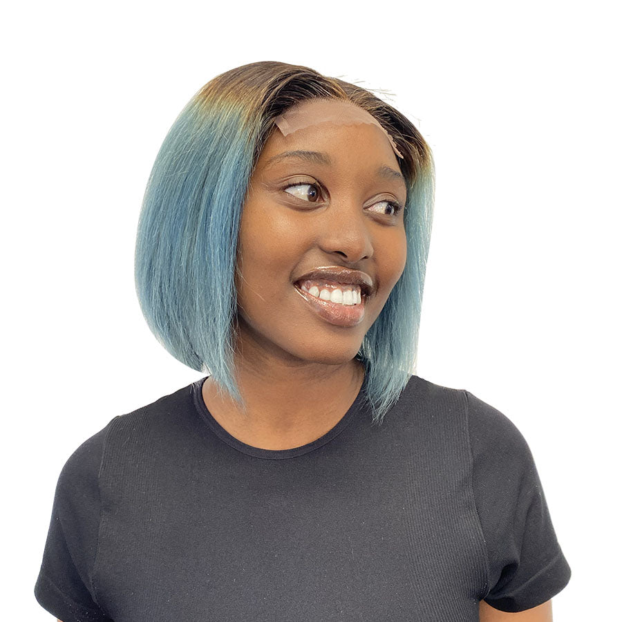 
                  
                    10" Straight Human Hair One Way Lace Wig - # Ombre/Blue- 13A Grade-front 
                  
                