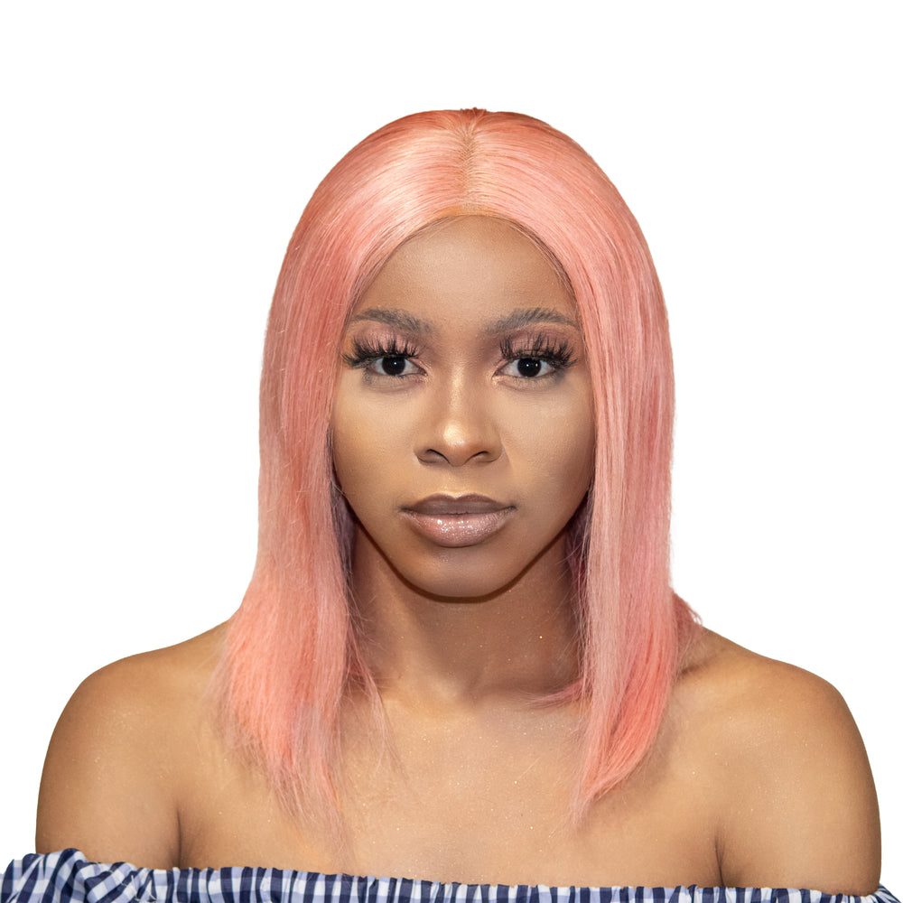 Straight Human Hair T-Part Frontal Wig Pink-Front